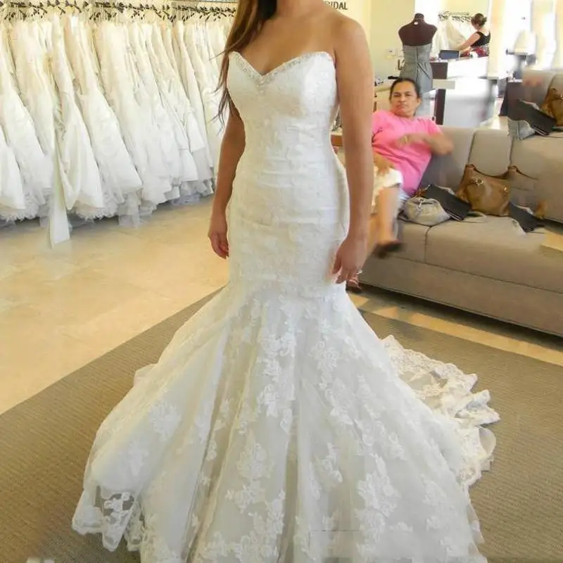 

New Beaded Sweetheart Mermaid Bridal Dresses Sweep Train Lace Appliques vestido De Noiva Bride Gown