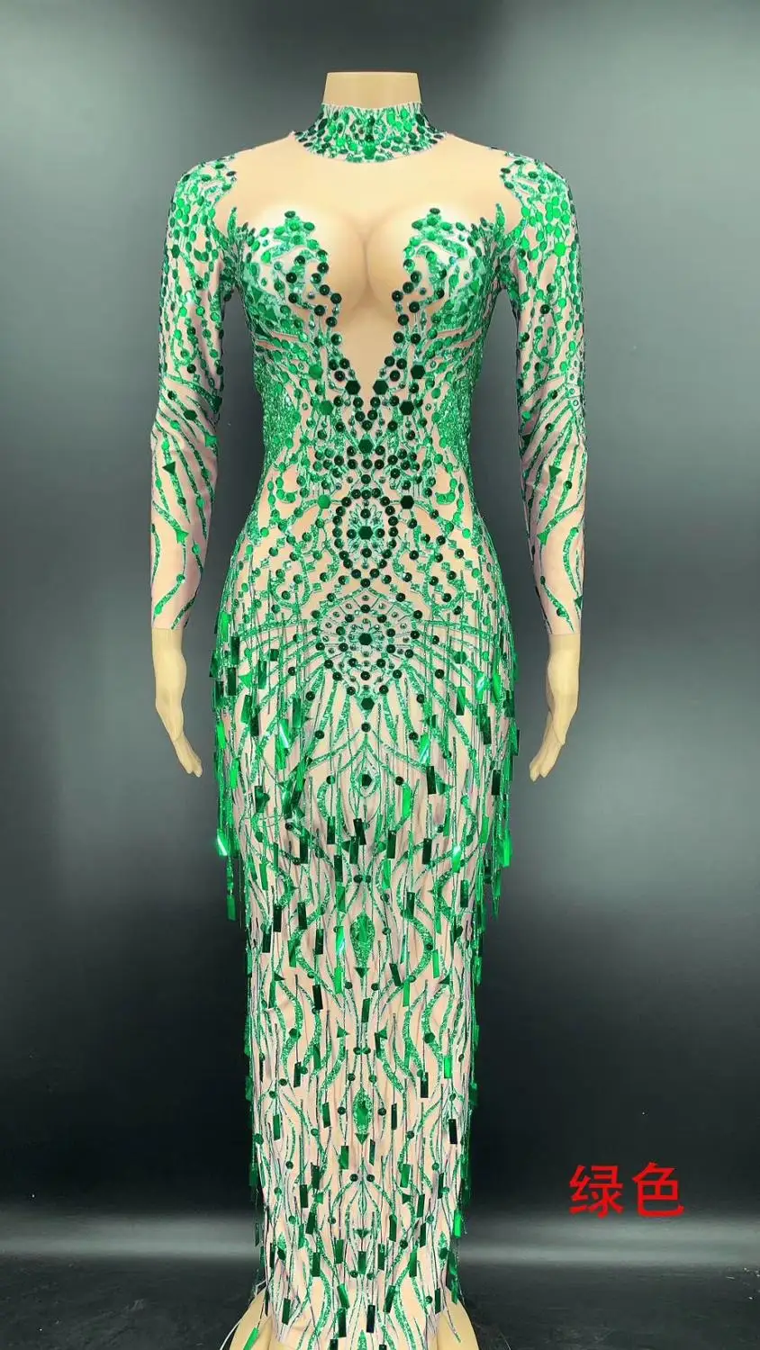 

2020 NEW Rhinestone Sequin Fringe Spandex Long Dress Birthday Party Dress Display Singer Dancer Prom Party Gown YOUDU Blue