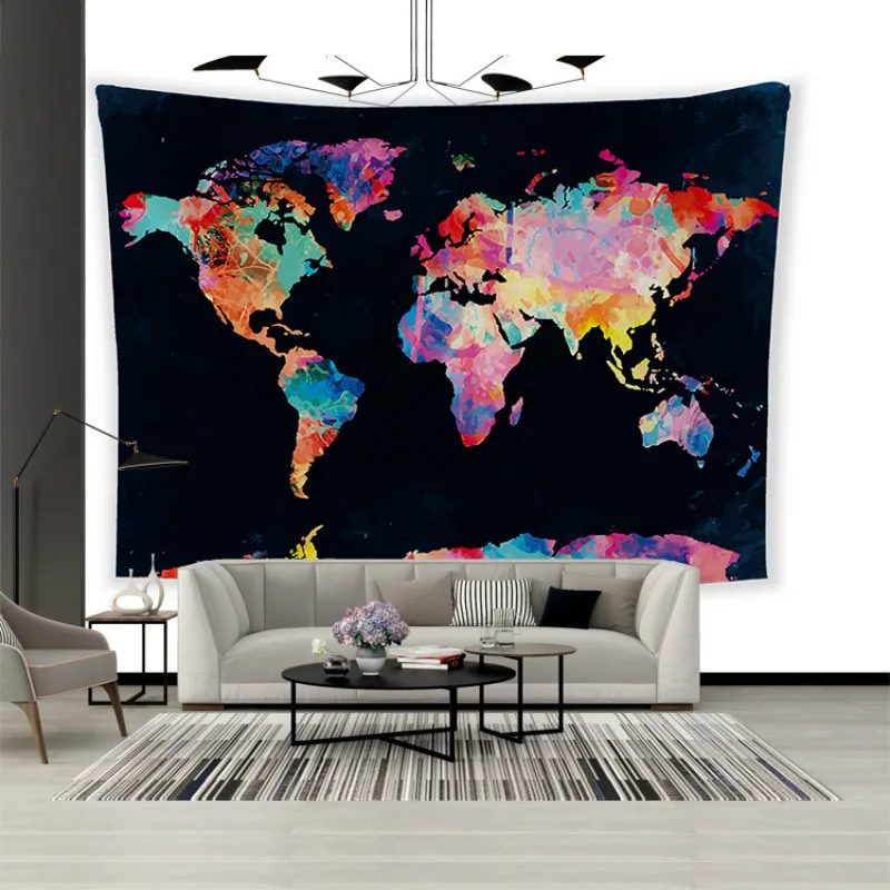 

Black World Map Tapestry Headboard Wall Art Bedspread Dorm Tapestry for Living Room Bedroom Home Decor