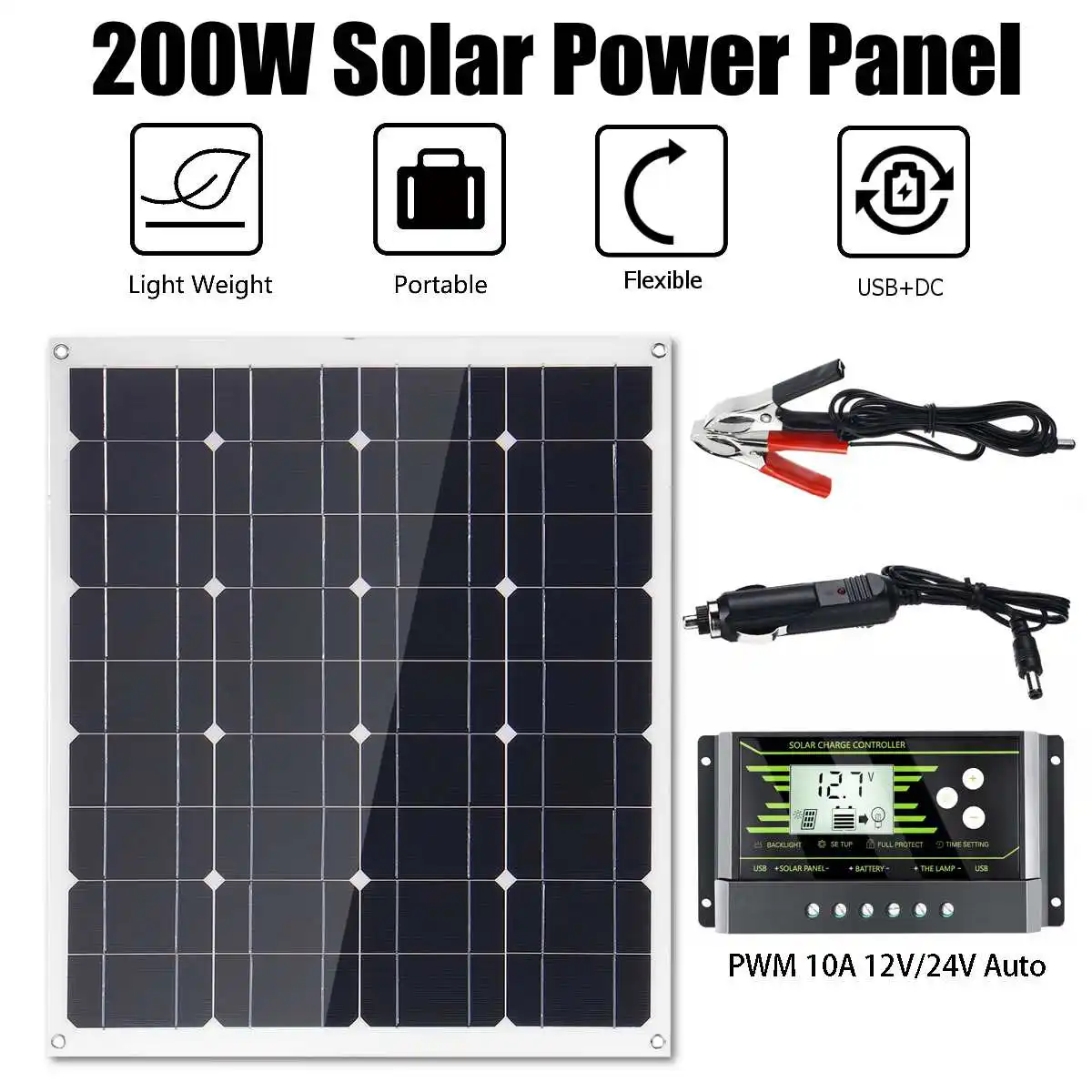 Murah Panel Surya 200W 12V 5V Sel Surya Monokristalin Dengan Pengisi Daya Ponsel Mobil Luar Ruangan Baterai Surya Pengendali 10/20/30A
