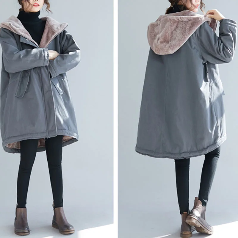 2022 Winter New Plus Velvet Cotton-Padded Jacket Korean Loose Mid-Length Thick Contrast Stitching Hooded Cotton Jacket Women