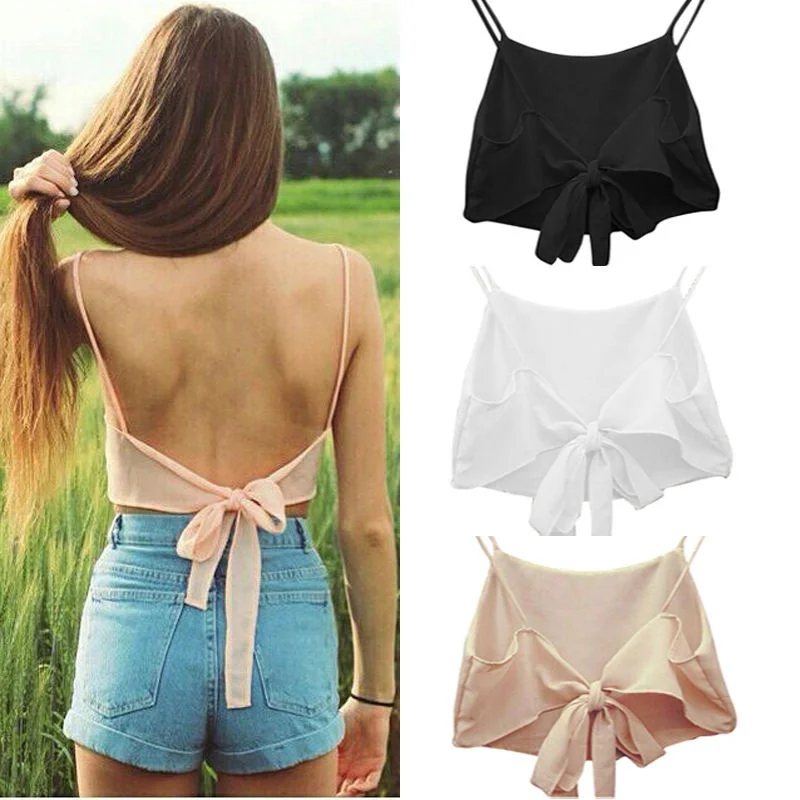 

Summer Women Sleeveless Sling Backless Bowknot Crop Top Sexy Short Shirt Blouse
