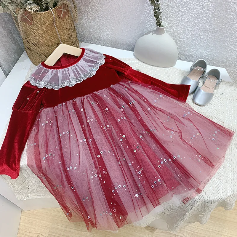 

New Year Princess Dress For Girl Patchwork Puff Sleeve Autumn Children's Wear Party Mesh Lace Dress Winter Clothes
