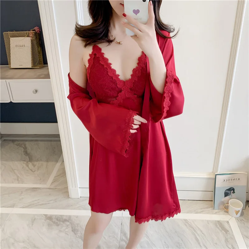 

Сезон лето-осень; Для женщин атласное платье и трусики, сексуальные кружевные комплекты для сна для отдыха шелковые пижамы банный халат + но...