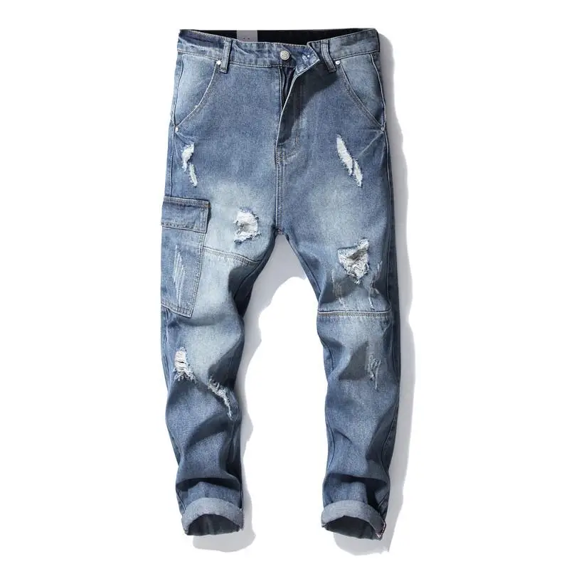 

New Men's Vintage Embroidered Straight Stretch Moto Jeans Slim Fit Denim Pants Distressed Trousers