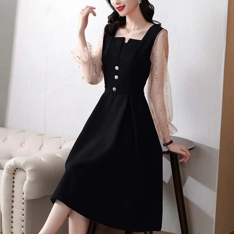 

Chiffon Loose Women Dresses New Fashion Lace Stitching Square-collar Autumn Casual Long Sleeve Dress A-LINE Knee-Length Houthion