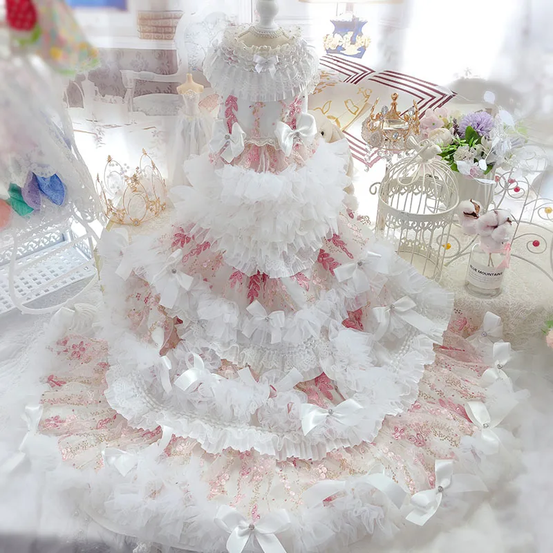 High-end Handmade Dog Clothes Pet Supplies Trailing Wedding Dress Lace Pink Diamond-Bordered Trimmings Party Gown Tiered Skirt