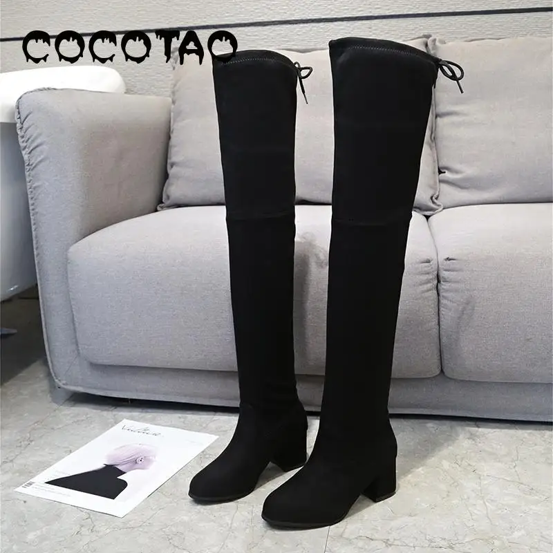 Женские замшевые ботфорты на высоком тонком каблуке эластичные высокие сапоги