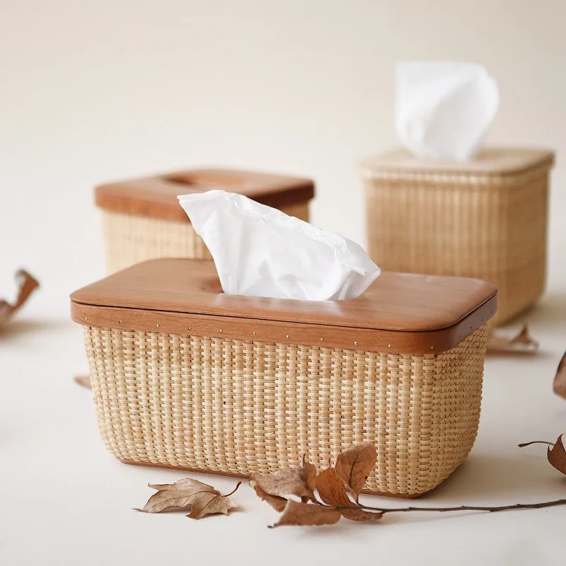 

Rattan tissue box Pastoral style handmade rectangle rattan wooden cover tissue box COD