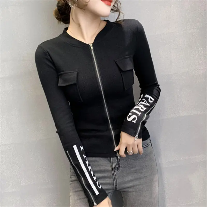 

T-shirt women's long sleeve autumn new zipper cardigan small coat fashion slim foreign style top