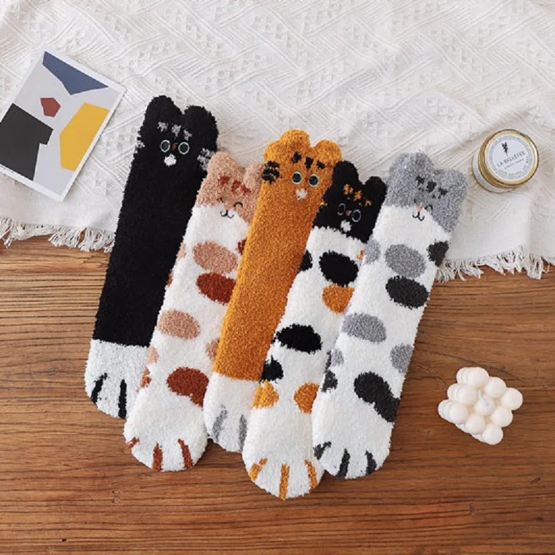 Winter Thick 1 Pair Women Socks Cat Embroided Cartoon Coral fleece Sweet Girl Cute Plush Fluffy Animal Sleep Home Boots Warm | Женская