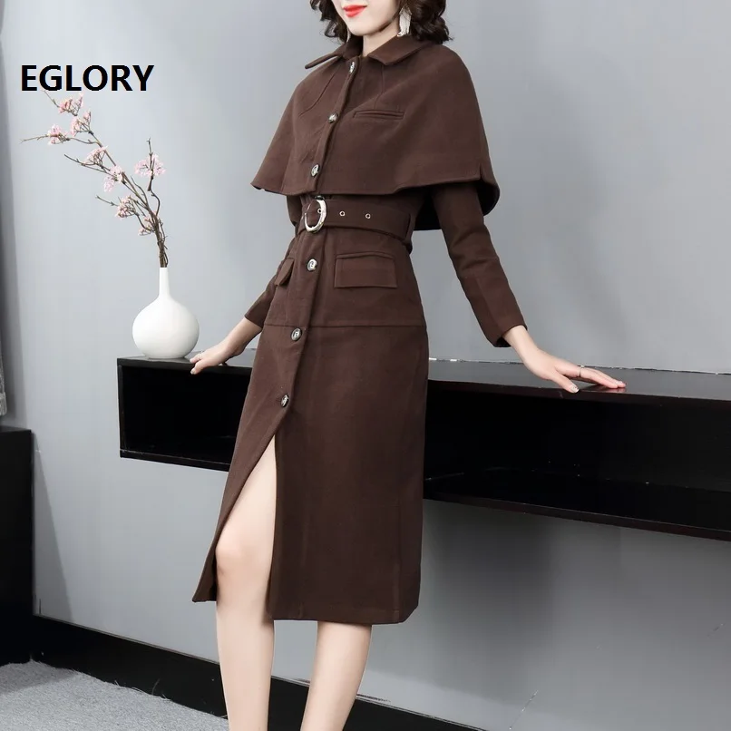 

High Quality Designer Clothing Sets 2020 Autumn Women Turn-down Collar Pocket Patchwork Long Coat Dress+Cape Poncho Coat Set 2pc