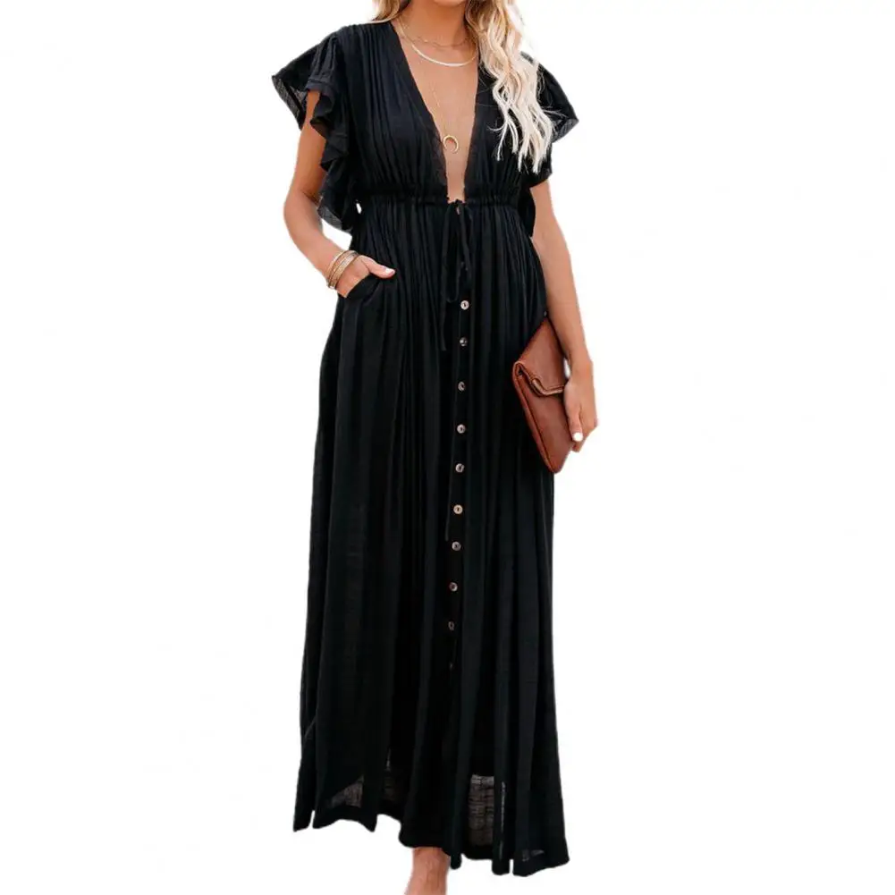 

Summer dress for women 2021 Ruffle Short Sleeve Deep V Neck Drawstring Long Bikini Cover Up Sunscreen Dress Beachwear for Beach