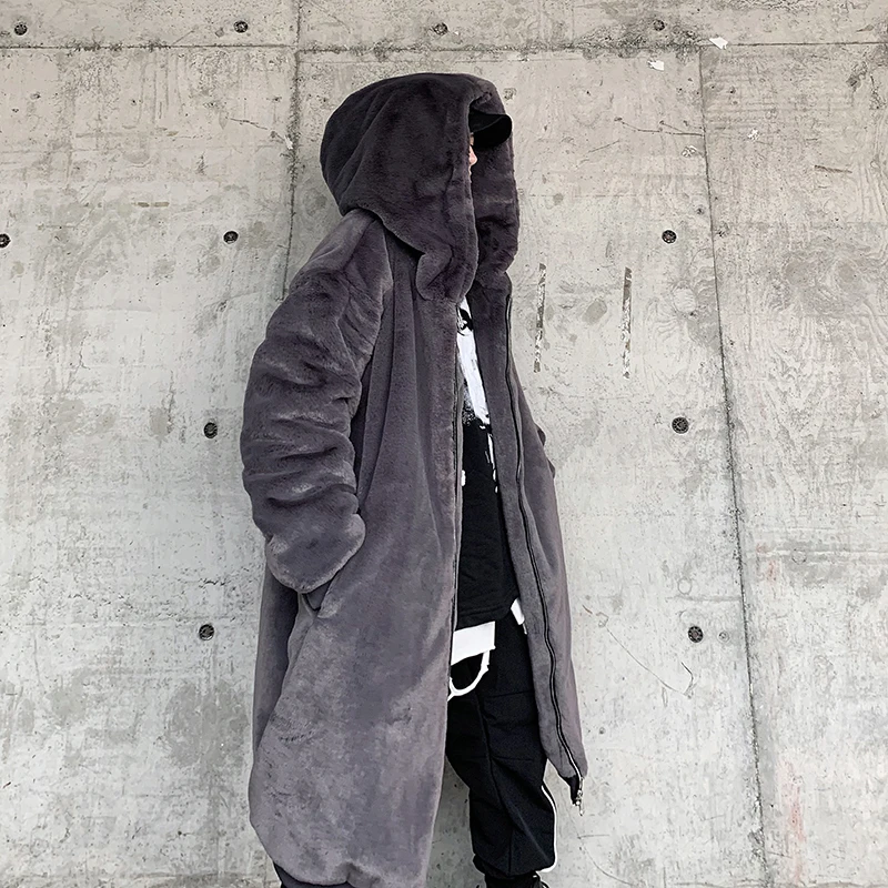 Mens Winter Thick Puffer Jackets for Teens Gothic Clothing Japanese Fashion Trends Faux Rabbit Fur Long Coat Harajuku Streetwear
