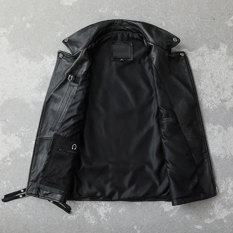 

2021 Black Short Biker's Style Leather Vest Men Large Size XXXXL Genuine Cowhide Spring Slim Fit Motorcycle Natural Coat