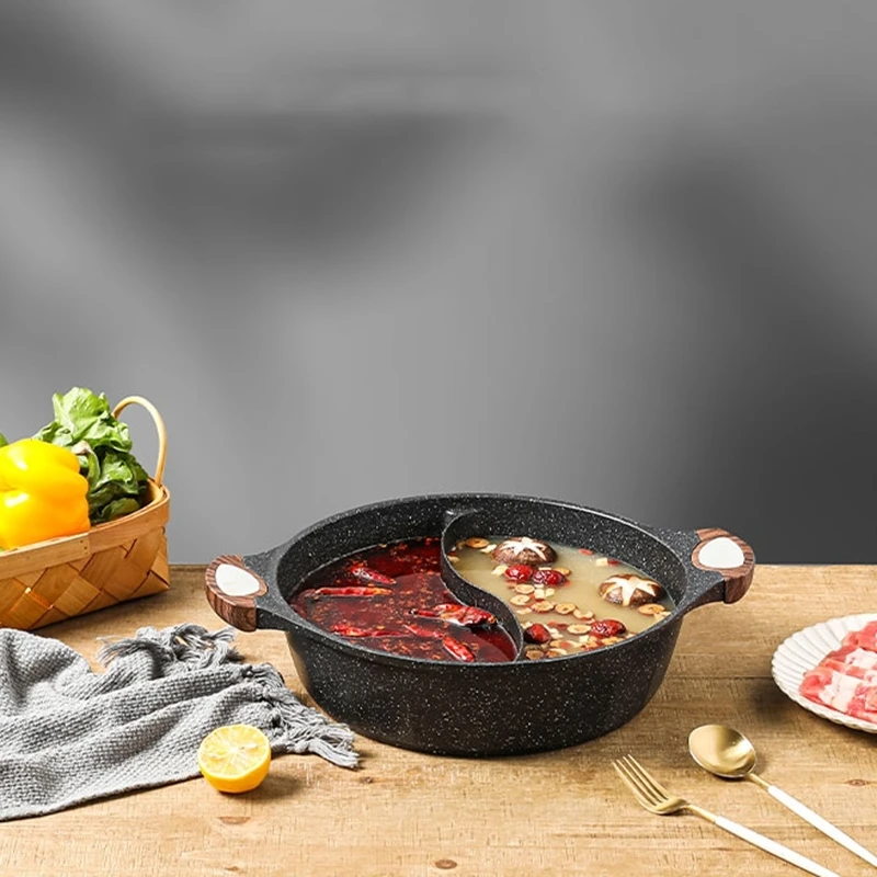 

Chinese Mandarin Duck Non-stick Hot Pot Divided Home Shabu Hotpot Gas Induction Cooker Round Chafing Dish Cooking Soup Cookware