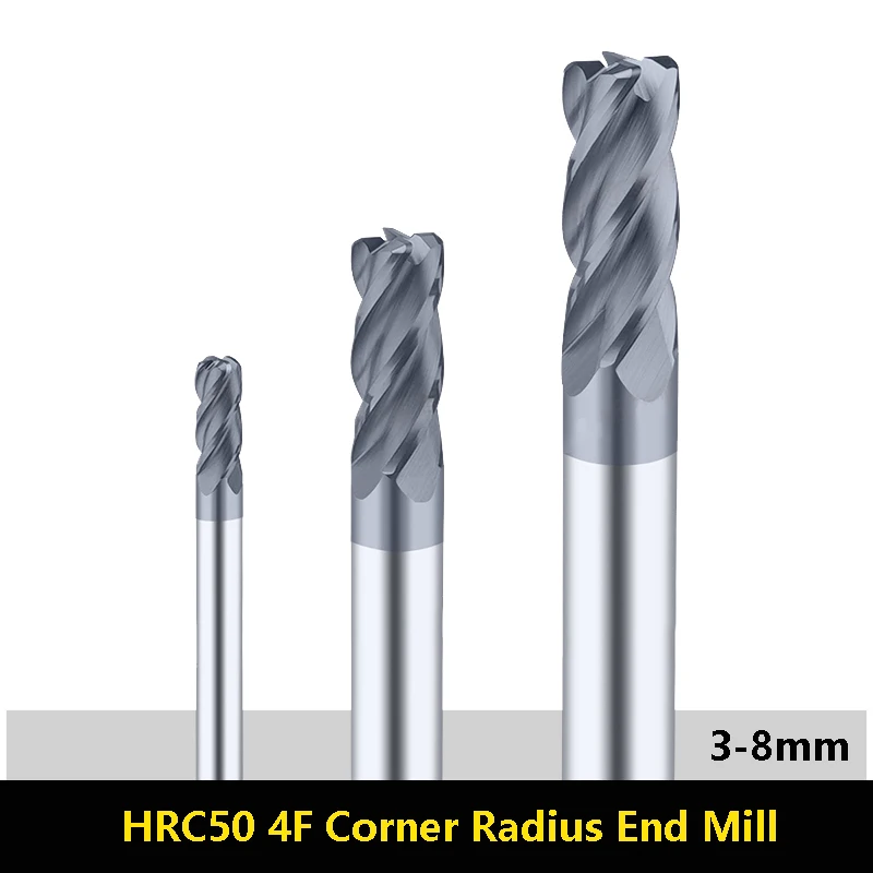 BEYOND 1pcs Corner Radius End Mill HRC50 4 Flute Solid Carbide Tungsten Steel Bull Nose Cutter 3-8mm R1 R2 Milling Cutter