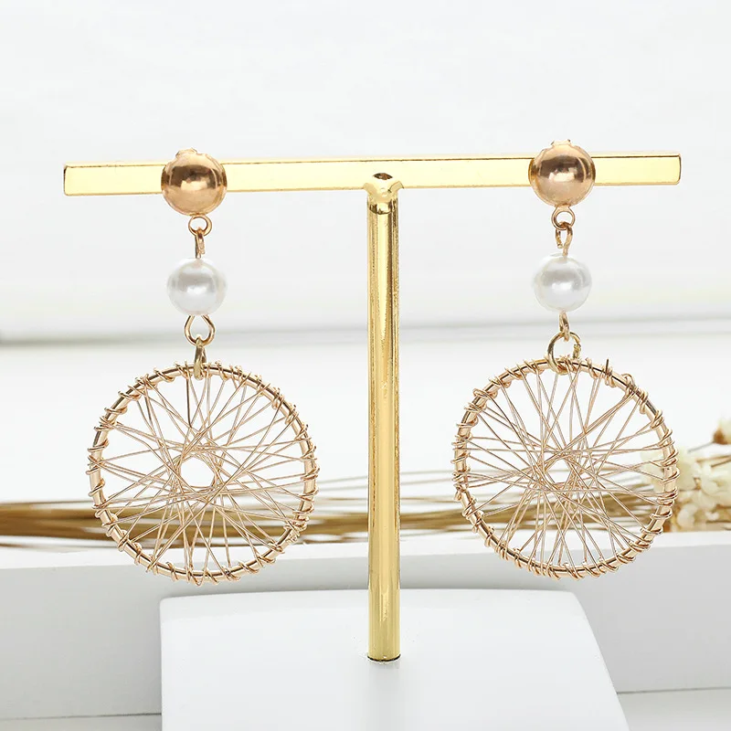 

South Korea Trend Pearl Knitting Round Big Earrings Women Fashion Temperament Net Long Earrings Jewelry For Female