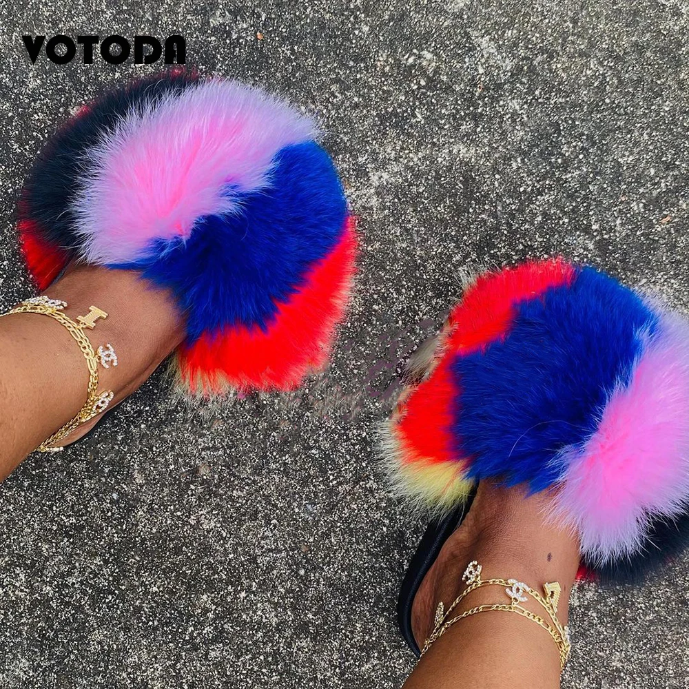 

New Arrival Women Fur Slippers Fluffy Furry Fur Slides Luxury Fox Fur Flip Flops Girl Flat Casual Sandals Summer Outdoor Shoes