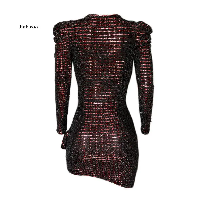 

Sexy Ruffled Bling Bling Party Dress Long Sleeve Sparkle Stretch Puff Sleeve Short Night Club Mini Dress