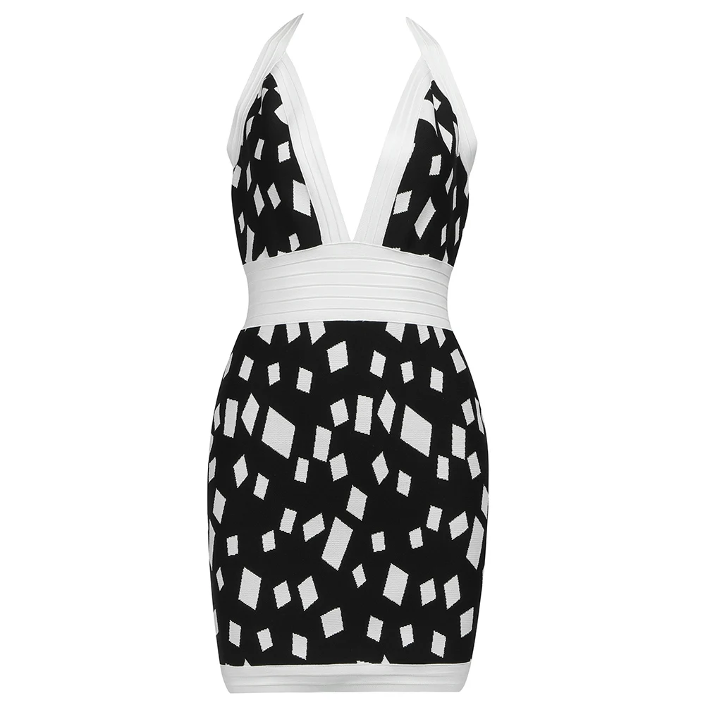 

Women Summer Fashion Sexy V Neck Backless Halter Jacquard Bodycon Bandage Dress 2021 Elegant Evening Party Dress Vestidos