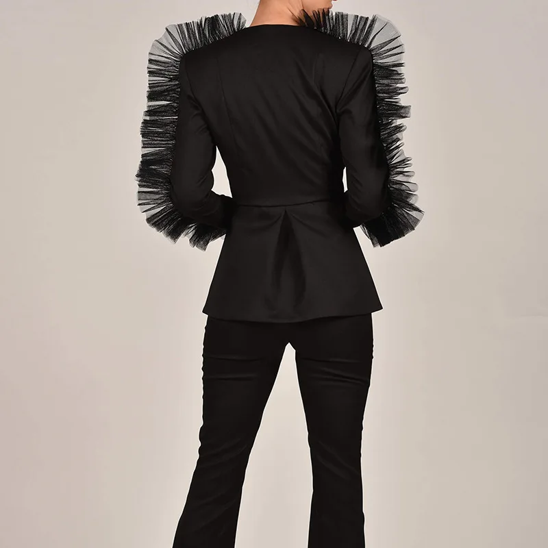 2019 New Deep V-Neck Mesh Spliced Sexy Women Blazer and Shorts Set Long Sleeve Autumn Two Piece Black Casual |