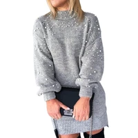faux pearl decor women knitted pullover dress half turtleneck autumn winter elastic cuff solid color sweater dress streetwear