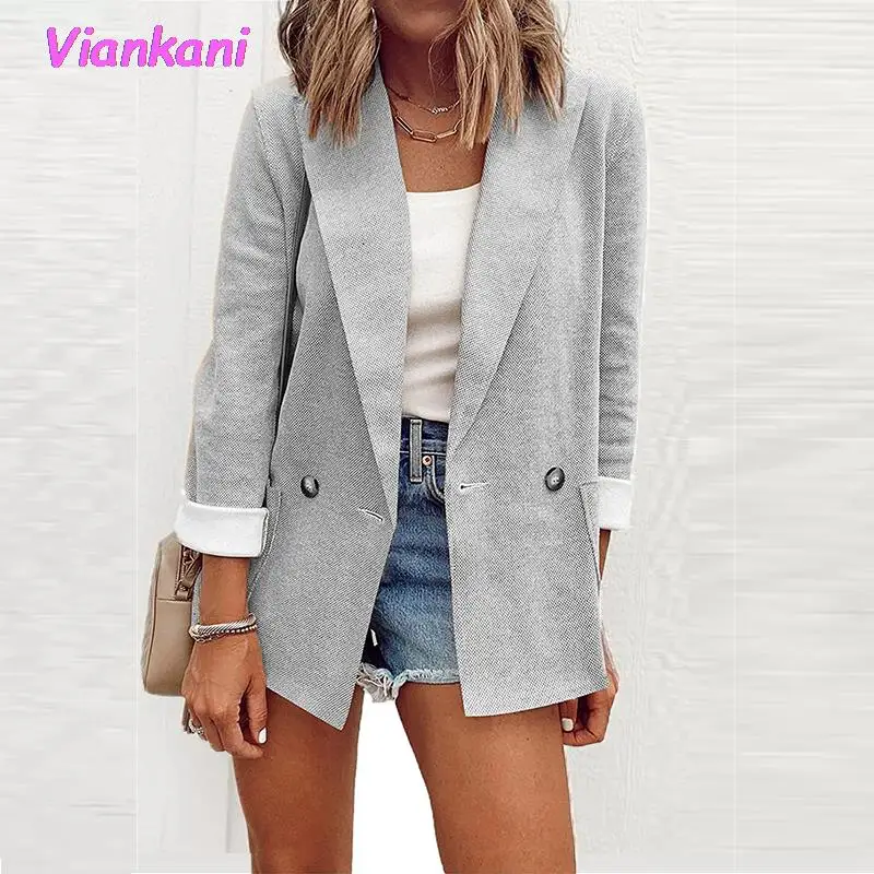 

Женский Повседневный однотонный жакет на пуговицах, элегантная верхняя одежда с отложным воротником и длинными рукавами, офисный пиджак с ...