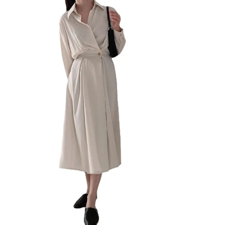 

2021 Spring Long Sleeve Dresses For Women Korean Style Summer Irregular Waist Midi Shirt Dress Lady Workwear Vestido