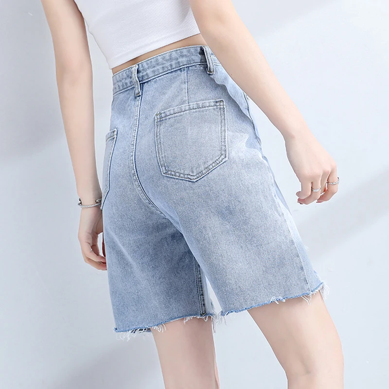 

Zoki Hole Blue Five Point Denim Shorts Women High Waist Loose Ripped Straight A Line Short Jeans Korean Fashion Summer 2021 New