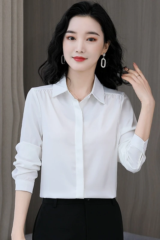 

Houthion Silk Slim Women's Blouses New Casual Blouse Solid Buttons Shirt Spring/autumn Fashion Long Sleeve Top