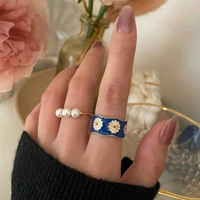 new vintage temperament flower ring retro drip glaze blue daisy opening adjustable ring for women girls fashion jewelry gift