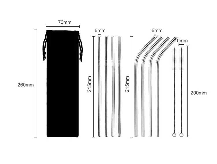 

10 pieces / set Colorful Reusable Straw High Quality 304 Stainless Steel Metal Straw With Cup Cleaning Brush