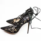 Туфли женские из натуральной кожи, заостренный носок, на тонком высоком каблуке, на шнуровке, пикантная Свадебная обувь, D007B