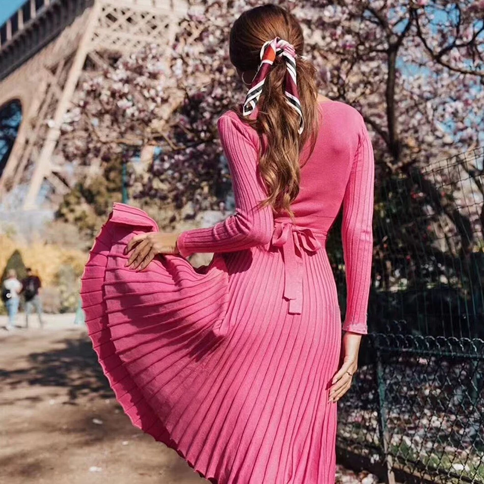 

High Quality 2020 Fall Sexy Long Sleeve V-neck Pleated Knit Dress Elegant Ladies Celebrity Runway Club Party Dress Vestidos