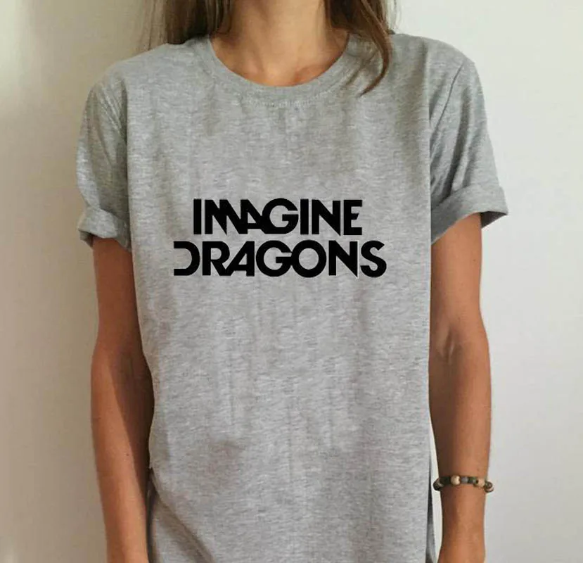 Повседневная хлопковая футболка черного и белого цвета с надписью Imagine Dragon