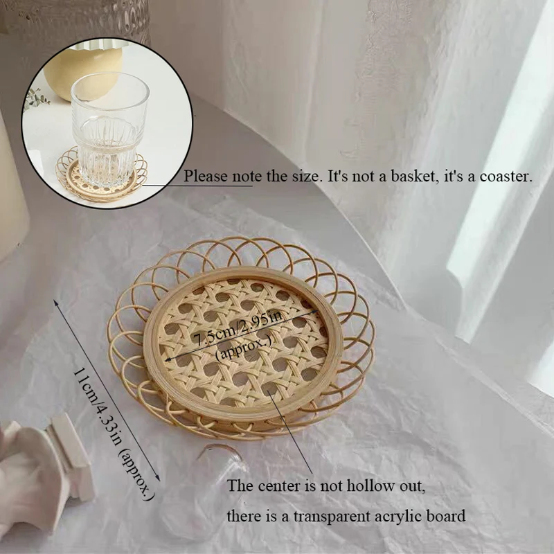 

Hand Woven Rattan Cup Holder Coaster Cup Mat Snack Tray Lace Insulation Cup Saucer Decoration Bamboo Durable Home Supplies