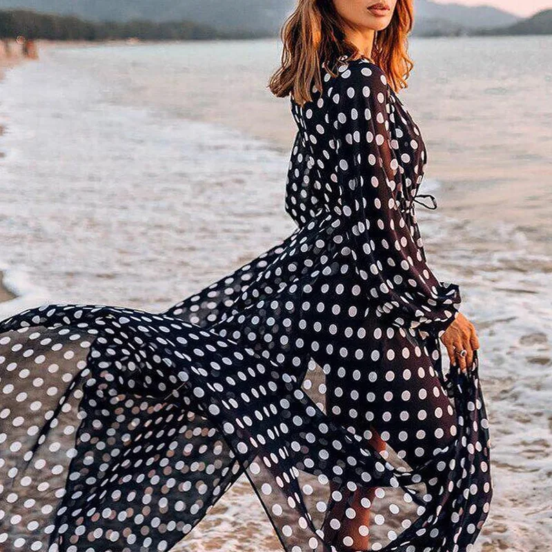 

NODELAY Dots Print Beach Wear Chiffon Bikini Cover Up Women 2020 Long Pareos Loose Beach Dress Tunic Female Swimsuit Cover-Ups