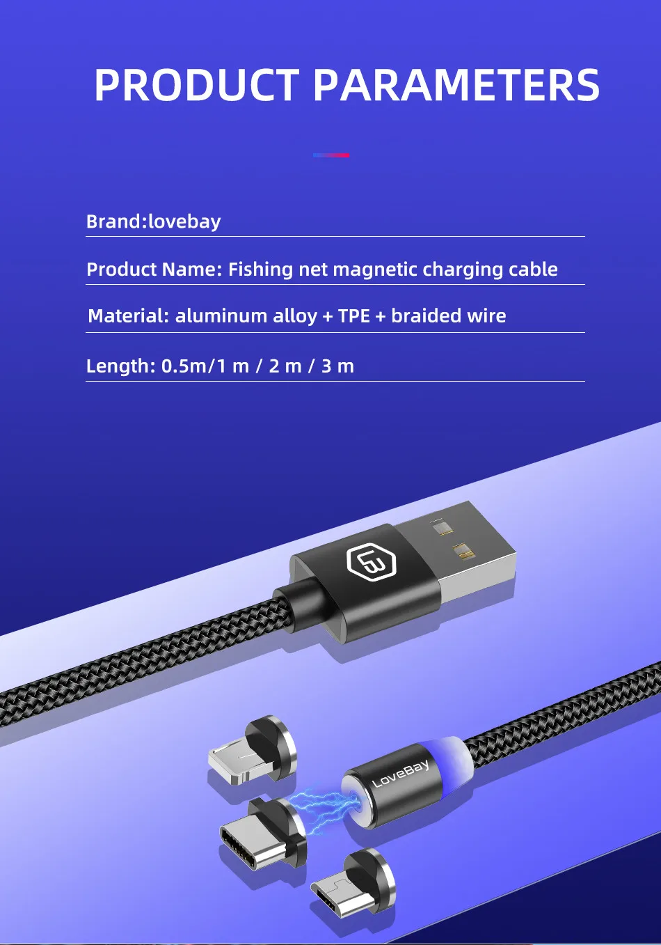 Lovebay Магнитный USB 3 м кабель для быстрой зарядки для Iphone TYPE-C Micro USB шнур Магнит Micro USB кабель для мобильного телефона USB шнур