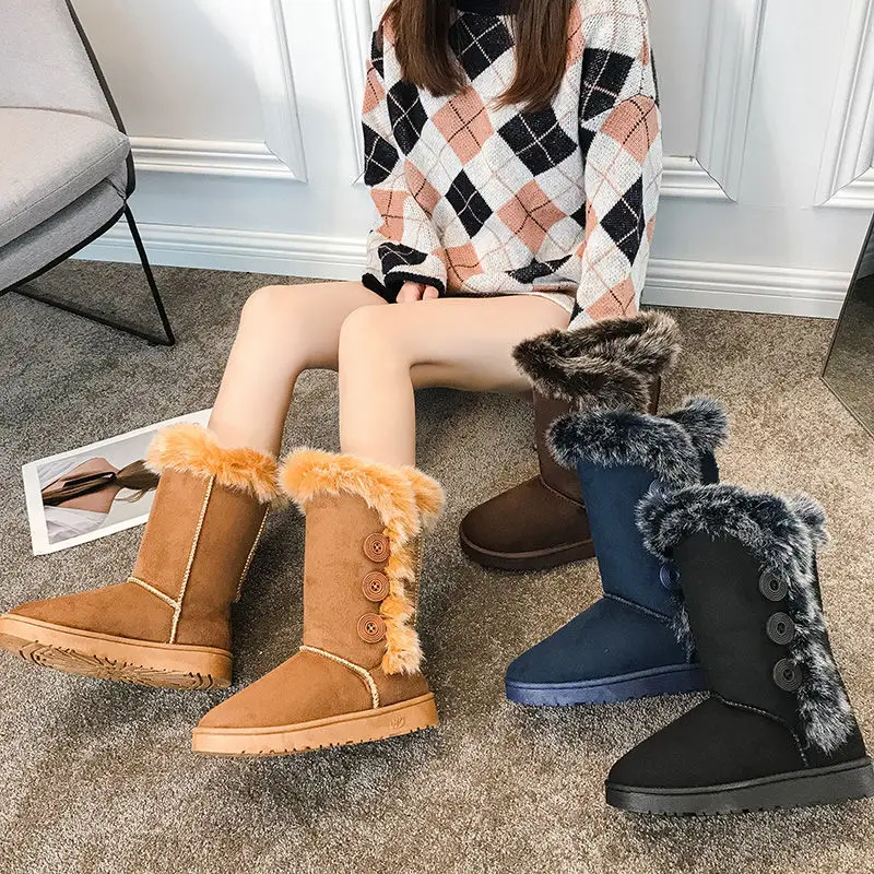 

Winter Plus Cashmere Snow Boots Women's Non-slip Cotton Shoes Buckle Middle and High Boots Flat Bottom Korean Students Warm Boot