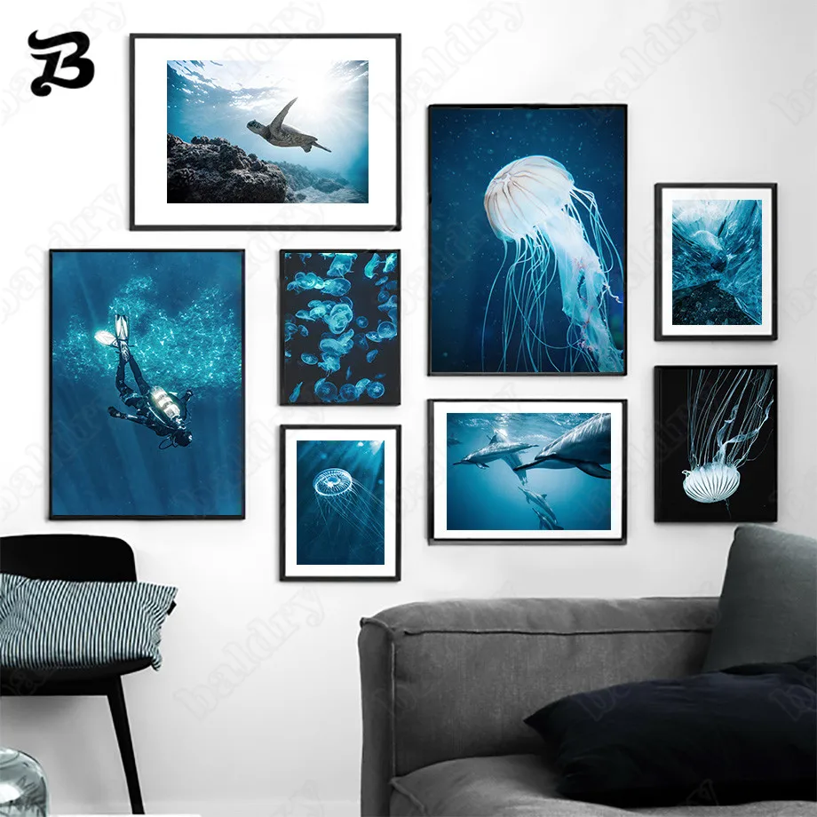 

Canvas Painting for Living Room Dolphin Jellyfish Turtle Ocean Dive Wall Art Marine Life Scenery Posters and Prints Home Decor