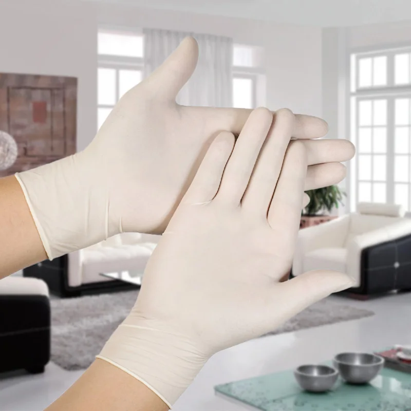 

100 шт./кор. одноразовые латексные перчатки белые Нескользящие кислот и щелочей лаборатория Резина латексные перчатки продукт для уборки дом...