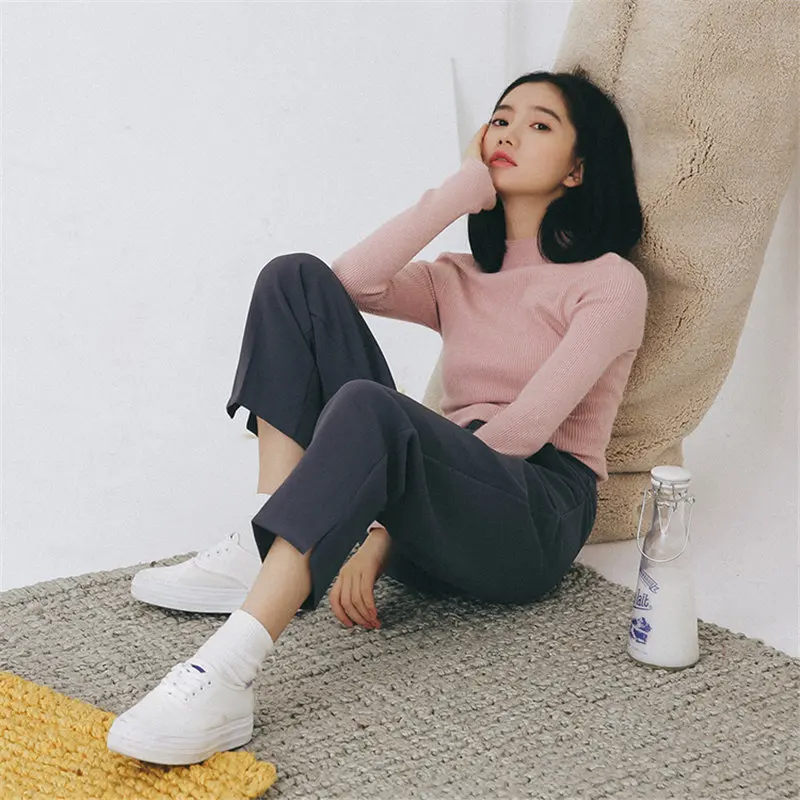 

HziriP Straight Texture Slender Brief All Match Fashion Chic Trousers 2020 Plus Casual High Loose Solid Women Ankle Length Pants