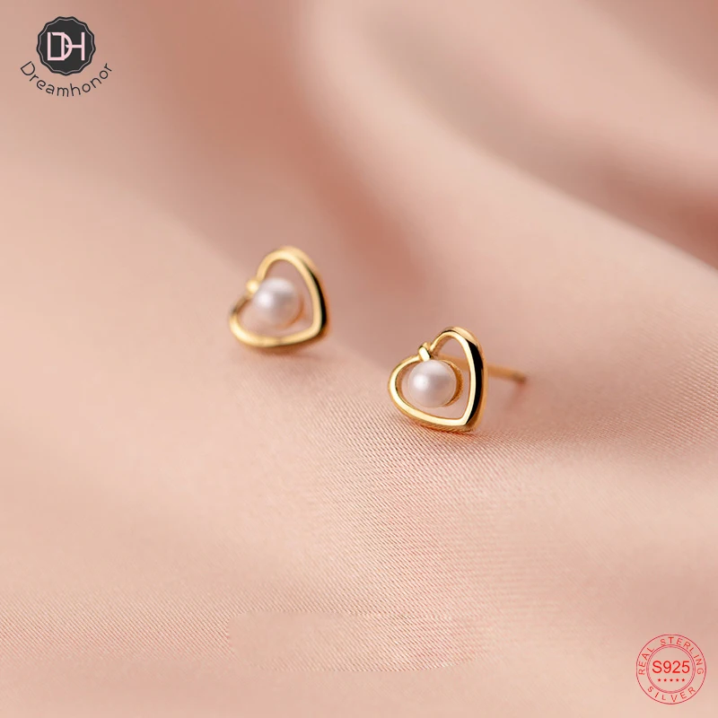 Женские глянцевые серьги-гвоздики Dreamhonor, минималистичные серьги из стерлингового серебра 925 пробы с жемчугом и сердцем, SMT042