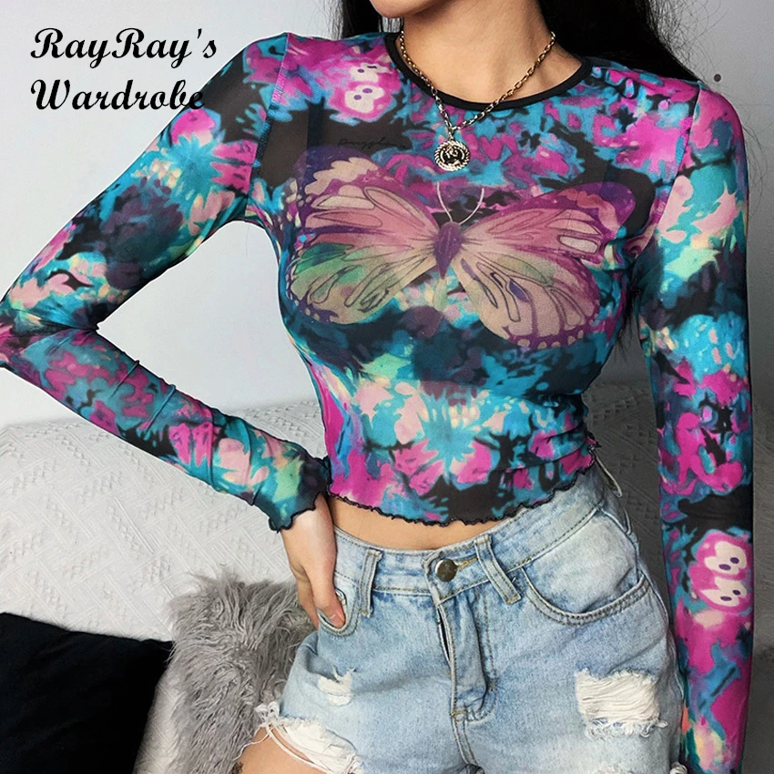

RayRay Mesh Tee Shirt Femme Sexy Long Sleeve Y2k Fahion Tops Women Streetwear Vintage E-Girl T-shirt Mujer Camisetas Harajuku
