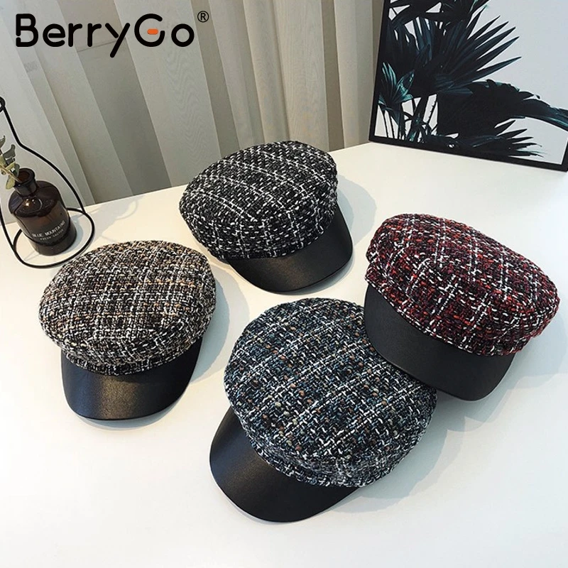 BerryGo Повседневный твидовый в клетку Военная кепка для женщин осень зима модный