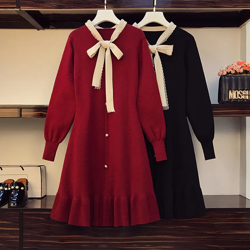 

Plus Size Women Winter Warm Knitted Dress Women Long Sleeve Bow Collar Elegant Vintage Korean High Waist A-line Pleated Dresses