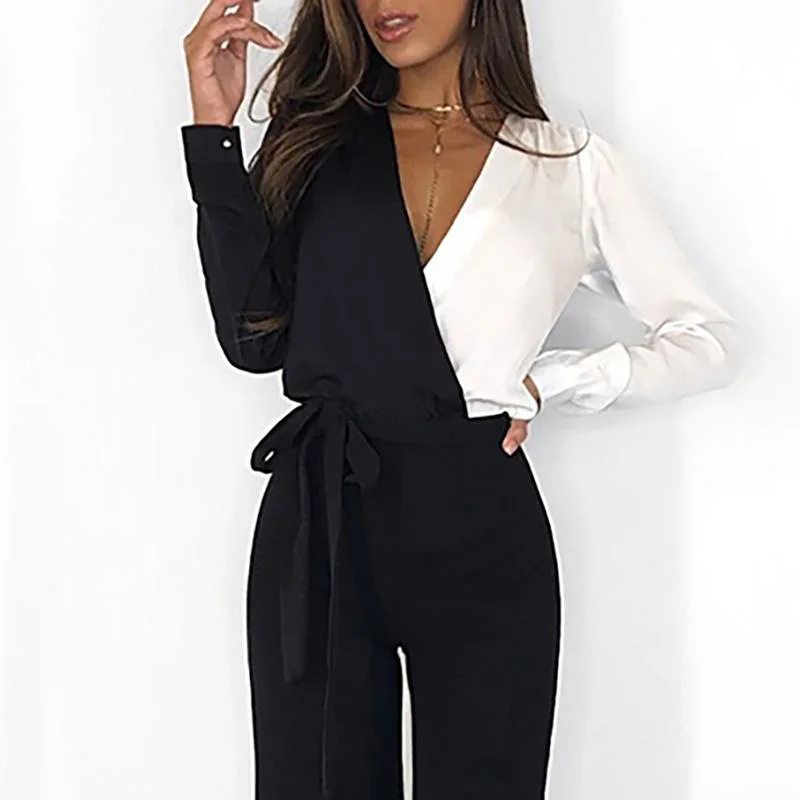 

Office Lady Deep V Neck Jumpsuit Party Romper Autumn Winter Long Sleeve Knot Side Jumpsuit Women Pocket Workwear Formal Bodysuit