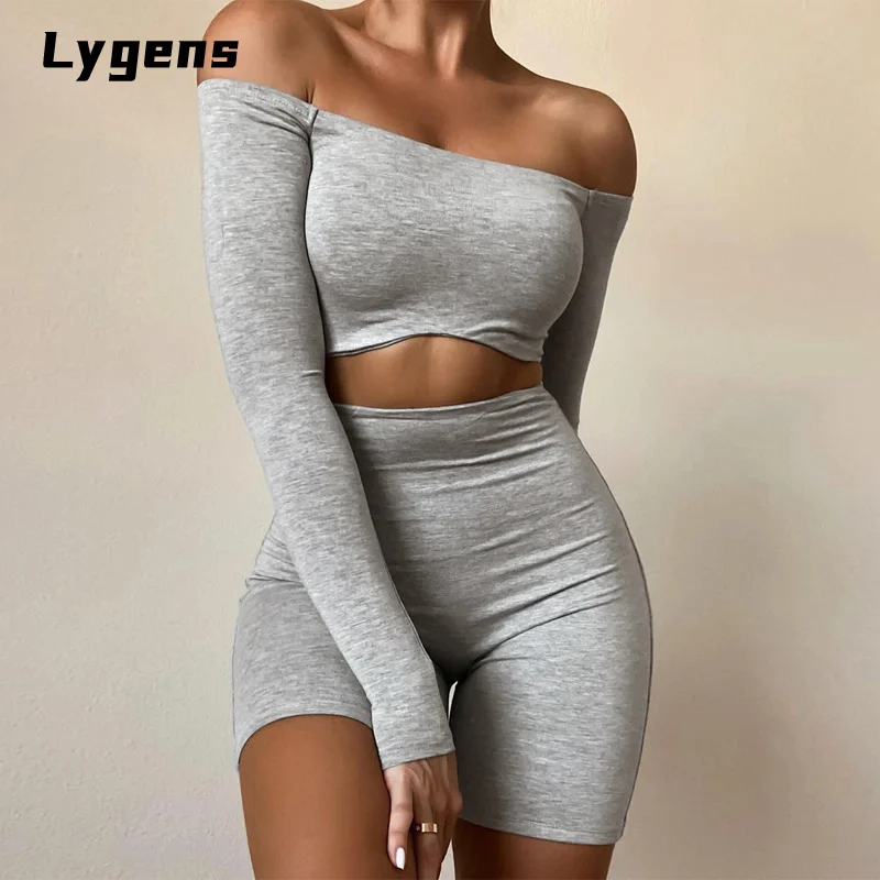 

Lygens Solid Women Long Sleeve Off Shoulder Playsuit Bodycon Skinny Hollow Out Sexy Streetwear Casual Sporty 2021 Autumn Winter