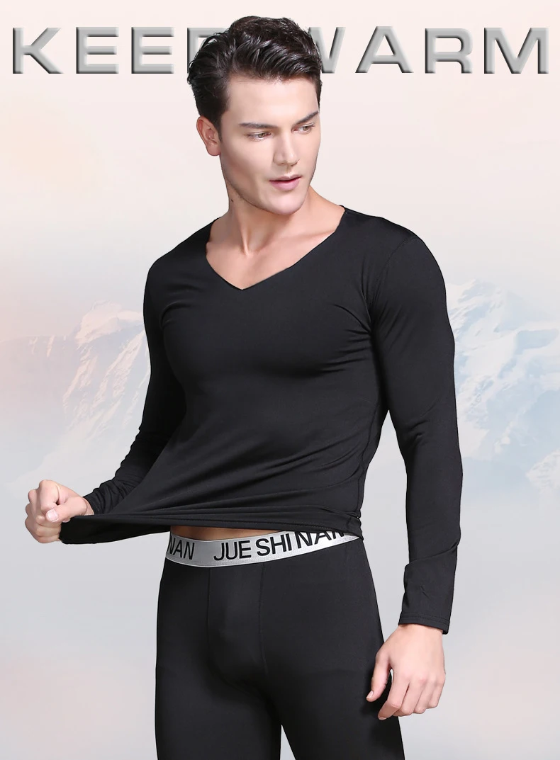 4XLPlus Size Seamless Thermal Underwear For Men Thin Fleece Thermo Clothes V-Neck Slim Warm Second Skin Male Winter Long Johns